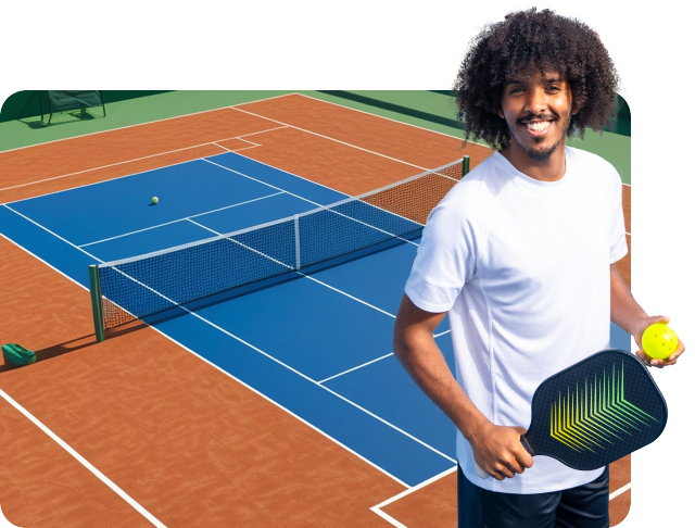 Pickleball guy in front of a pickeball court