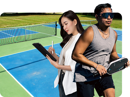 Pickleball guy in front of a pickleball court
